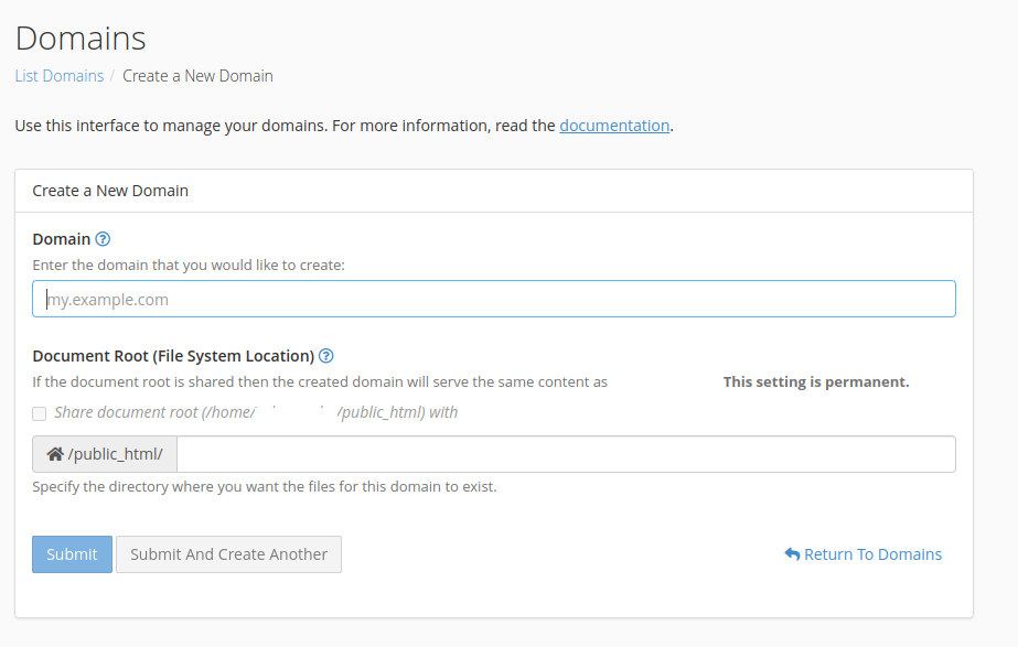 cPanel create domain Hostperl