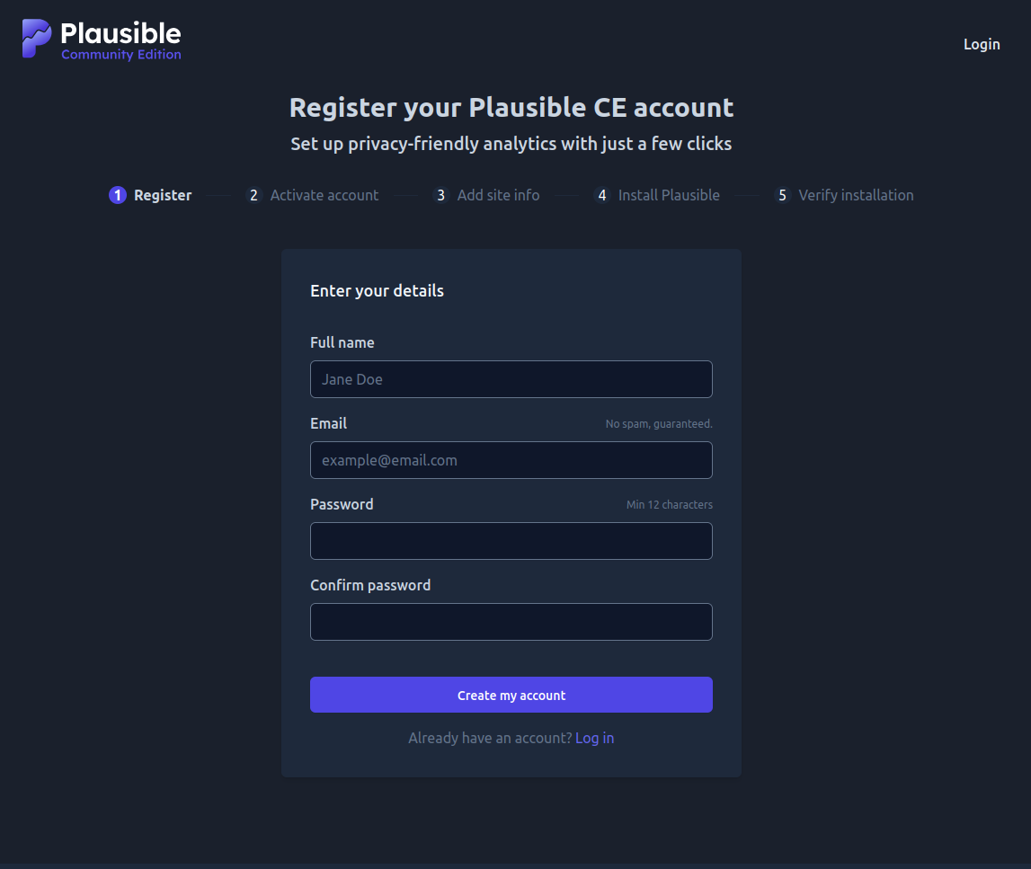 Plausible Analytics installation hostperl