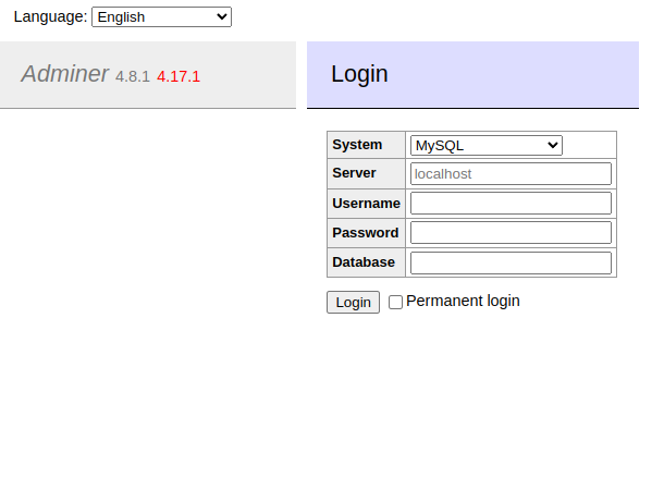 Adminer login page